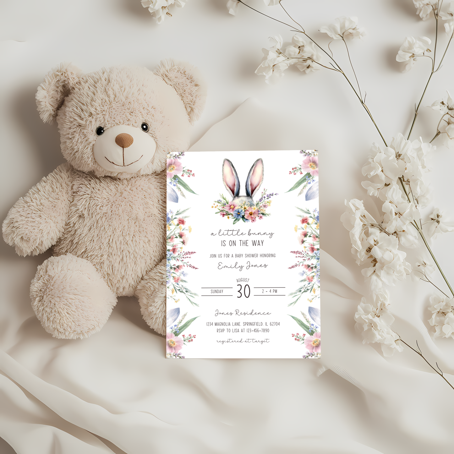 Baby Shower Invitation - A Little Bunny Is On The Way Wildflowers Spring Easter BS92