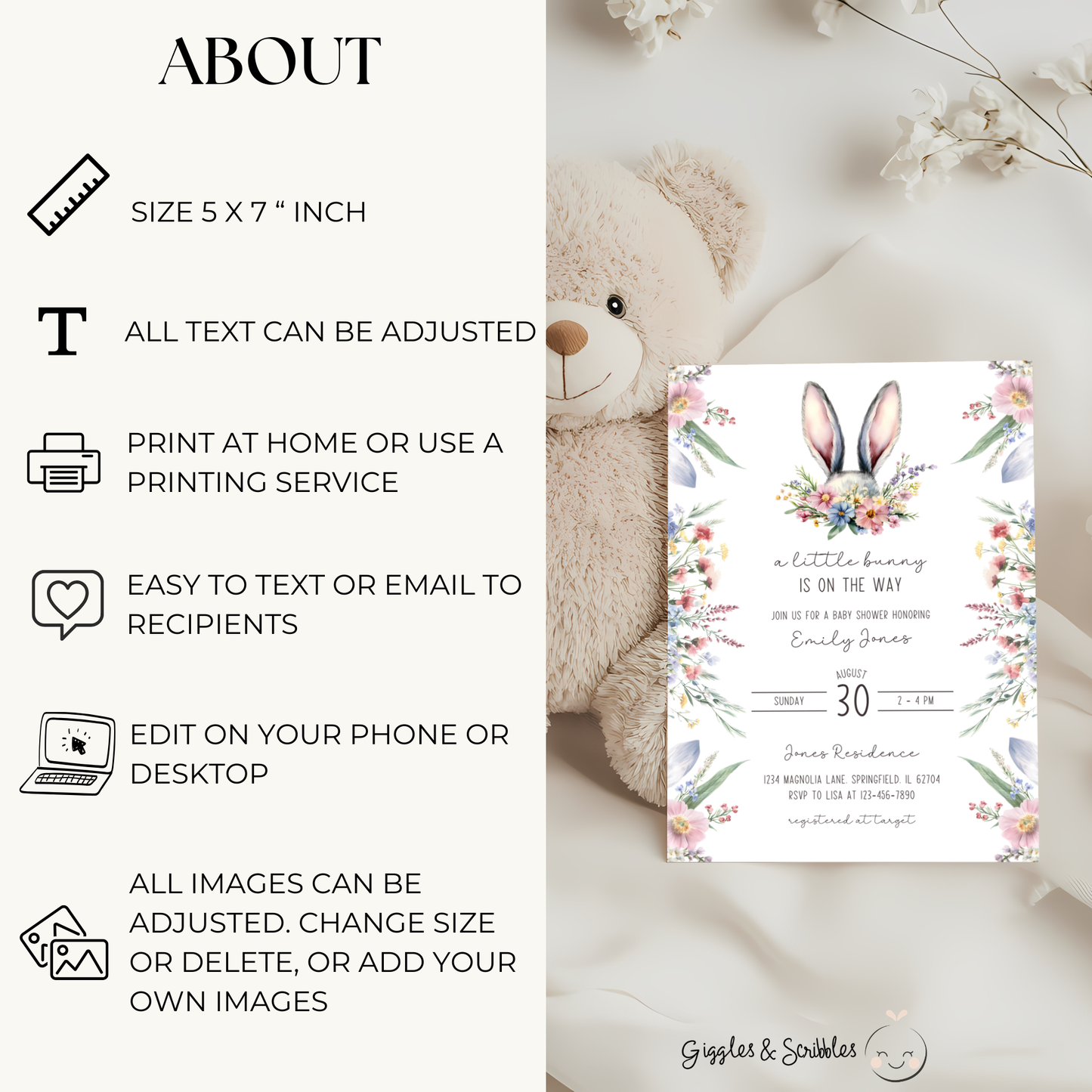 Baby Shower Invitation - A Little Bunny Is On The Way Wildflowers Spring Easter BS92