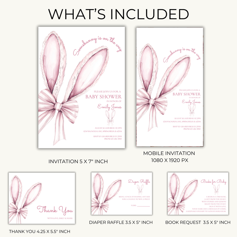 Baby Shower Invitation Bundle - Somebunny Is On The Way Easter Bunny Coquette Bow Pink BS75
