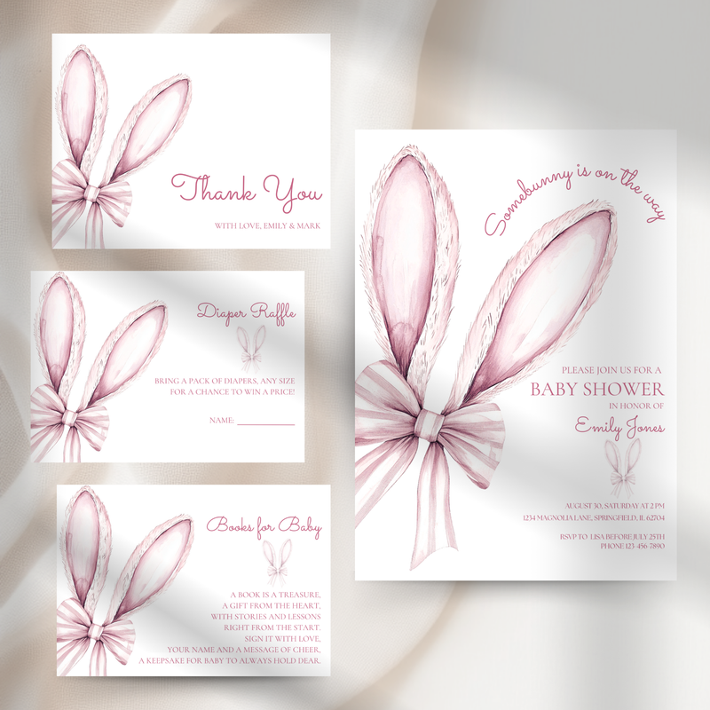Baby Shower Invitation Bundle - Somebunny Is On The Way Easter Bunny Coquette Bow Pink BS75