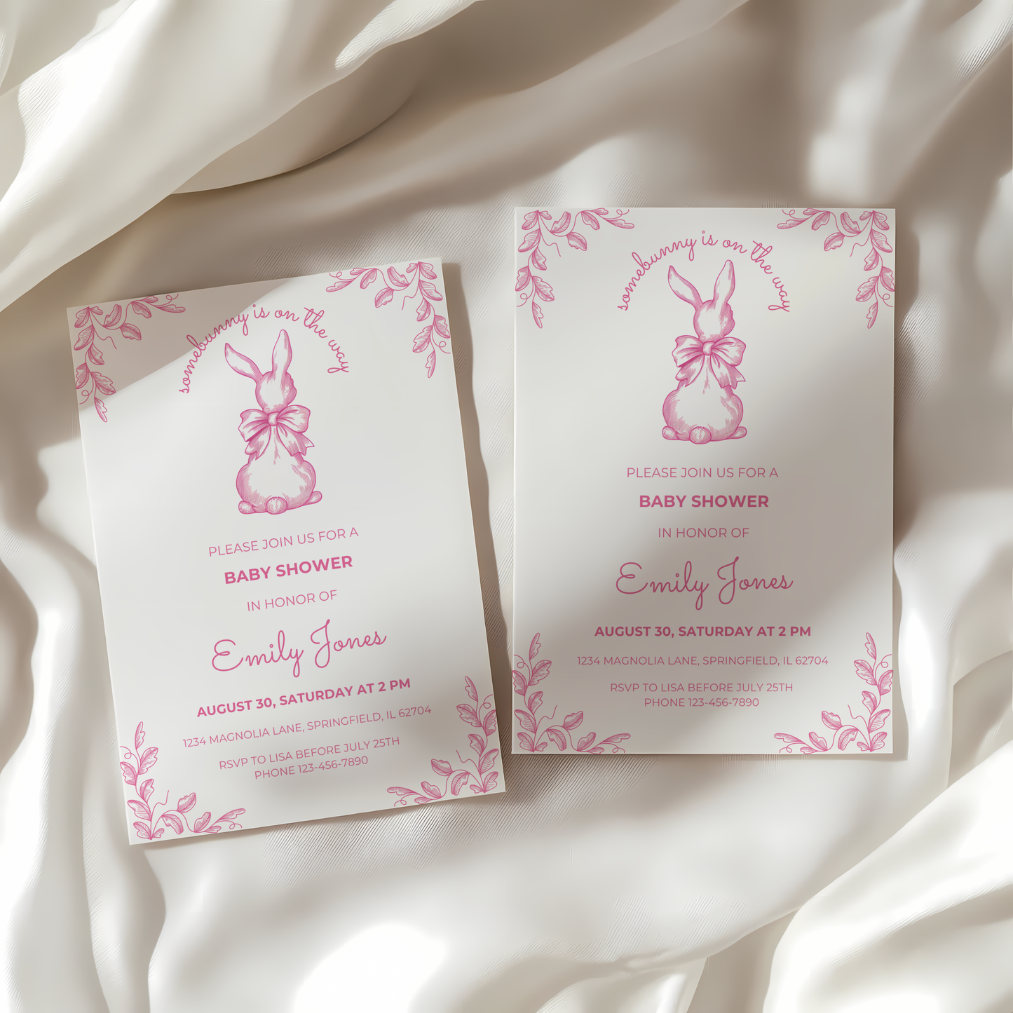 Baby Shower Invitation - Some Bunny Is On The Way Pink Toile Coquette Easter Spring BS93