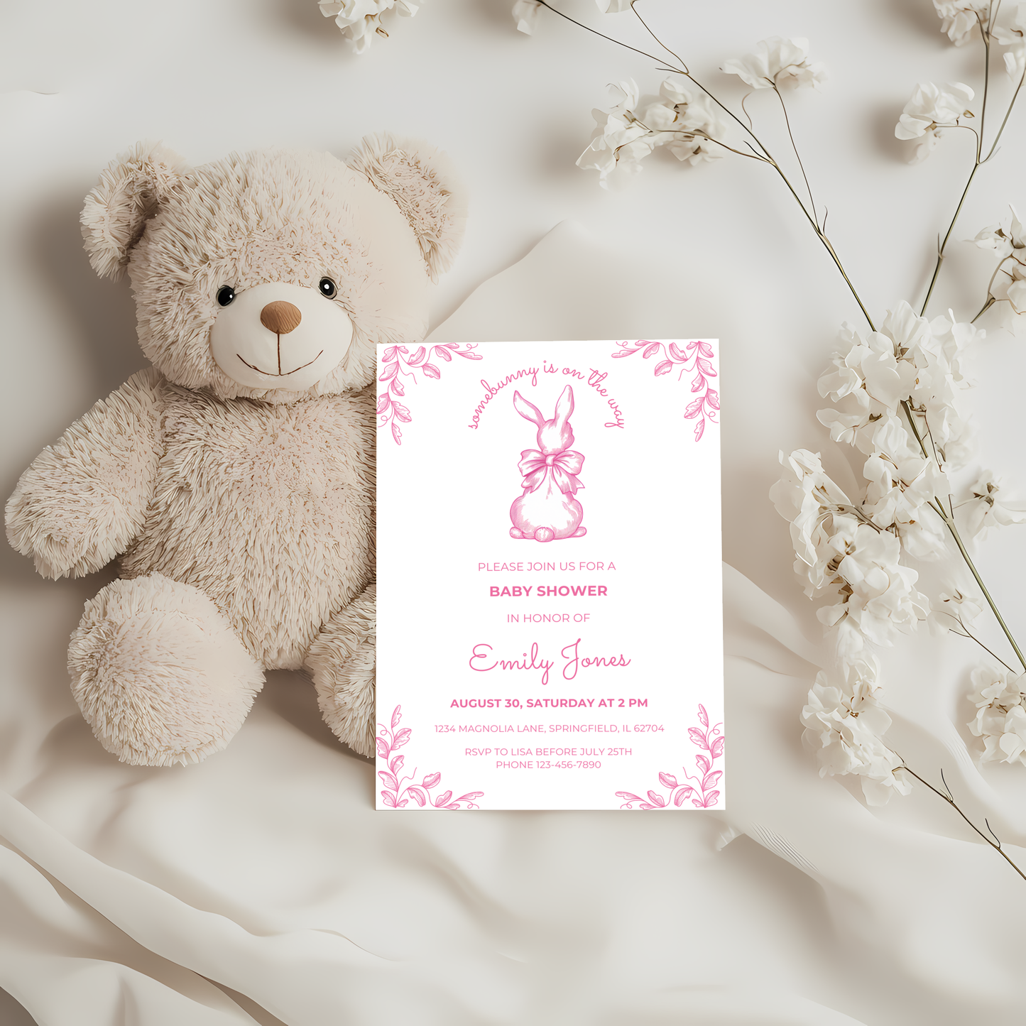Baby Shower Invitation - Some Bunny Is On The Way Pink Toile Coquette Easter Spring BS93