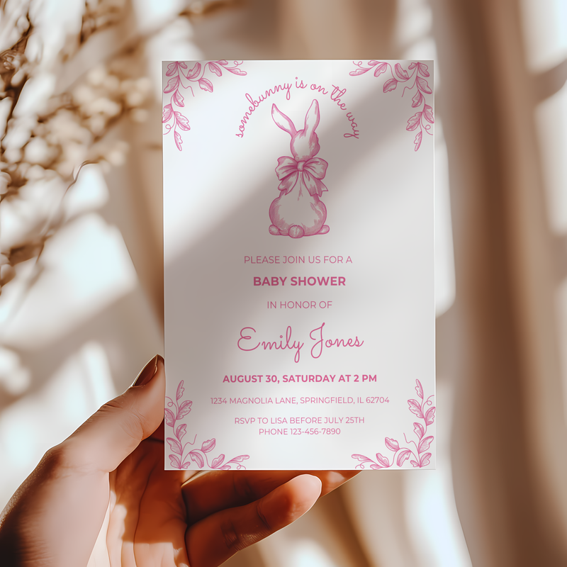 Baby Shower Invitation - Some Bunny Is On The Way Pink Toile Coquette Easter Spring BS93
