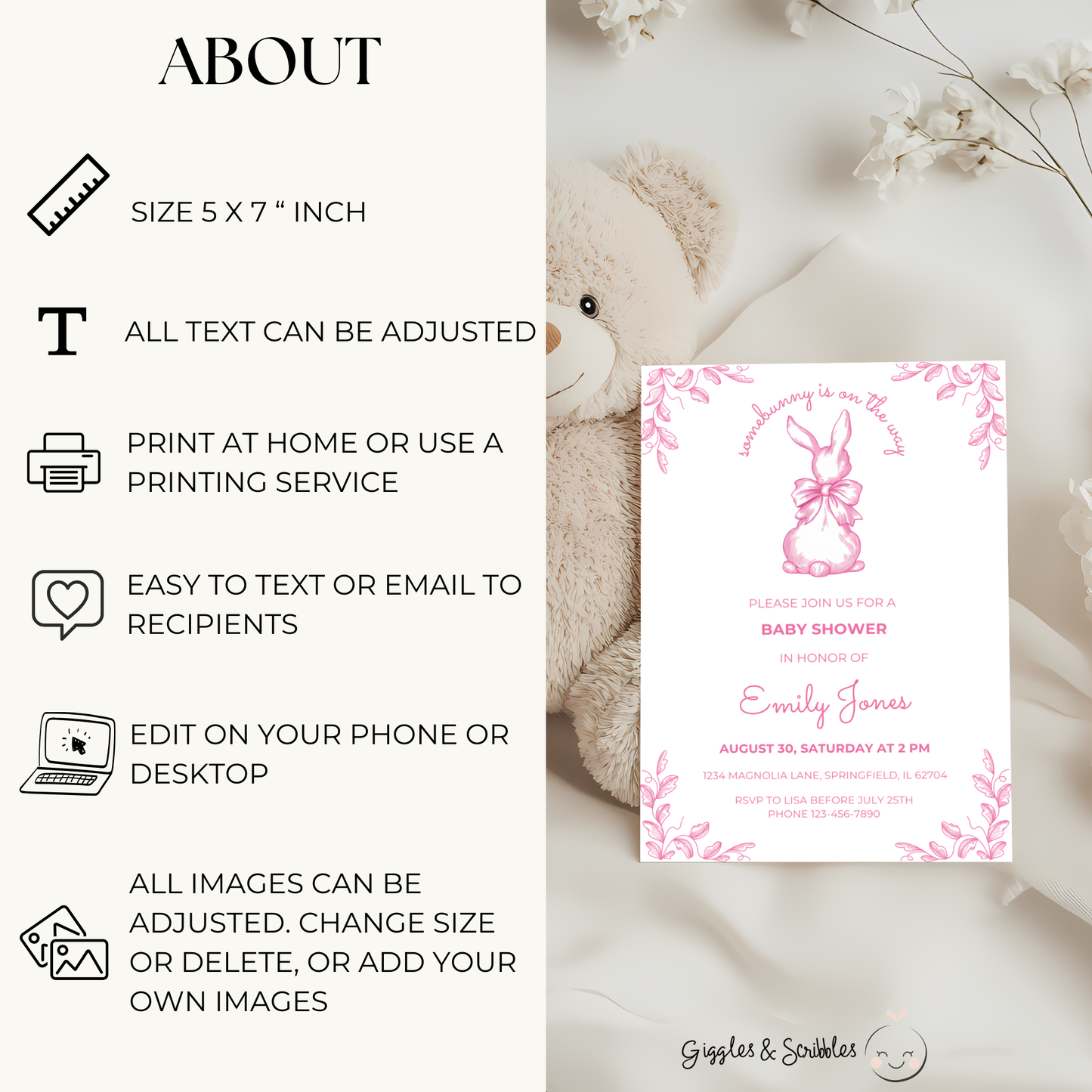 Baby Shower Invitation - Some Bunny Is On The Way Pink Toile Coquette Easter Spring BS93
