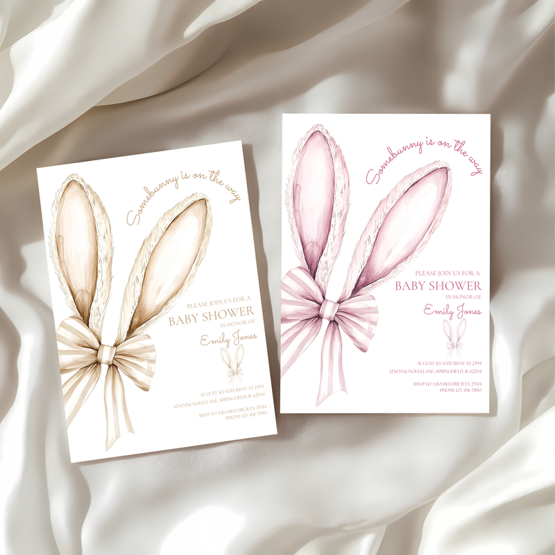 Baby Shower Invitation - Some Bunny is On The Way Beige Easter Bow BS76