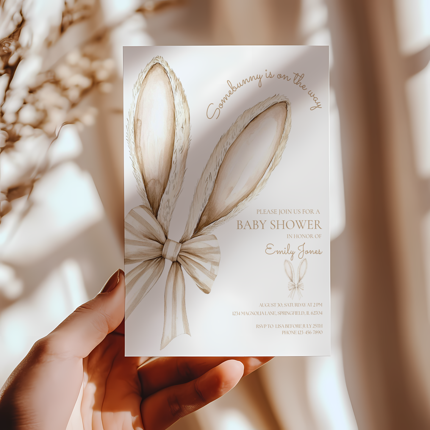 Baby Shower Invitation Bundle - Somebunny Is On The Way Easter Bunny Coquette Bow Beige BS75