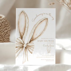 Baby Shower Invitation - Some Bunny is On The Way Beige Easter Bow BS76