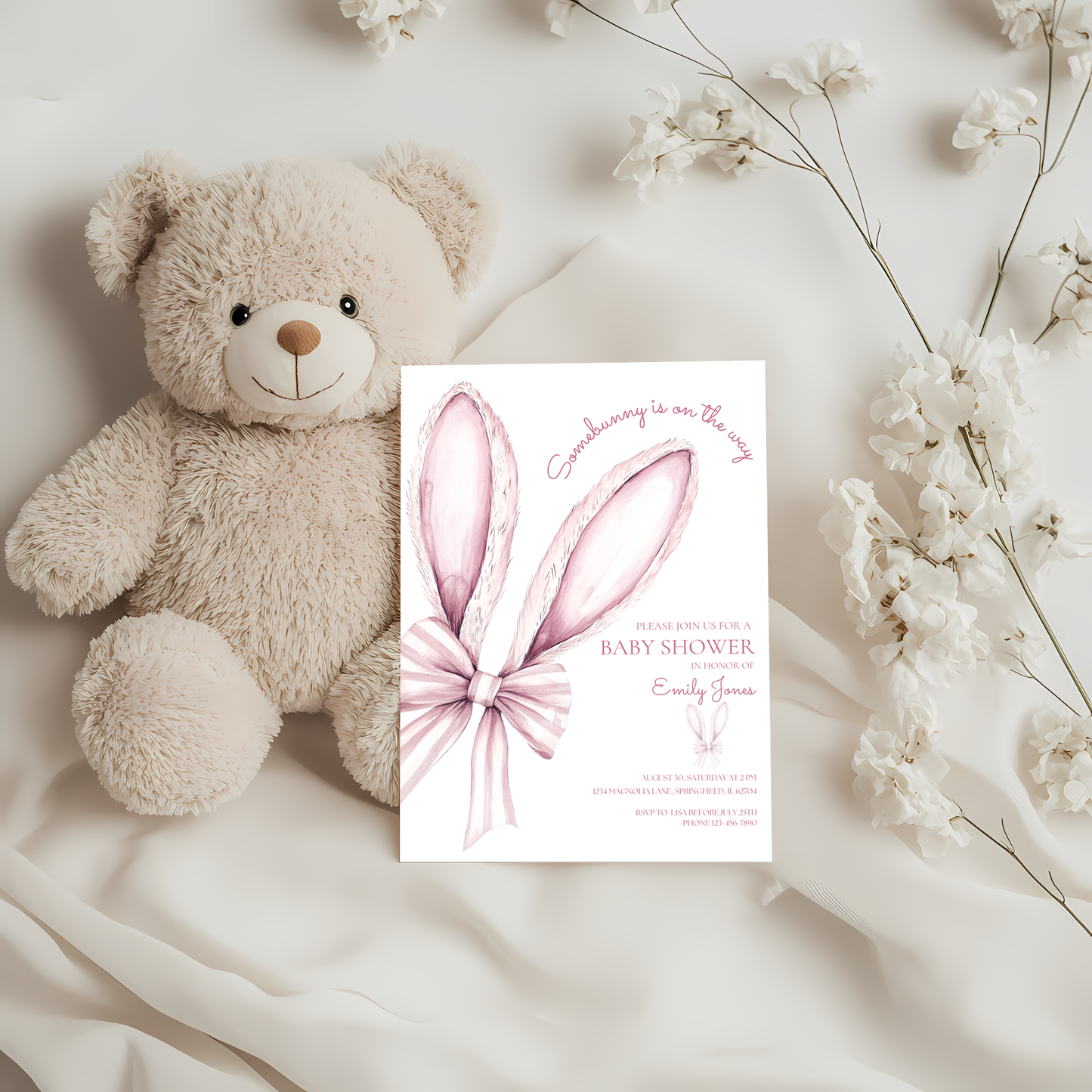 Baby Shower Invitation - Some Bunny is On The Way Pink Easter Bow BS76