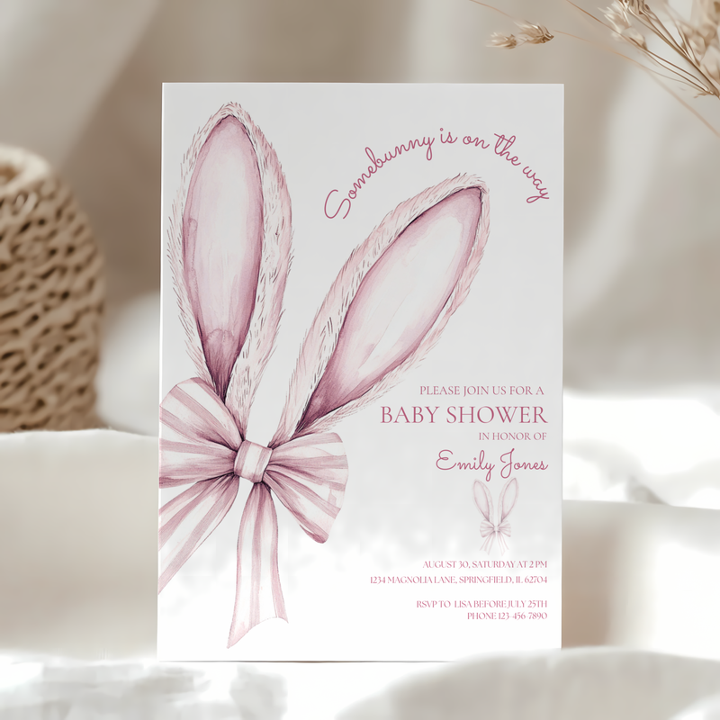 Baby Shower Invitation Bundle - Somebunny Is On The Way Easter Bunny Coquette Bow Pink BS75