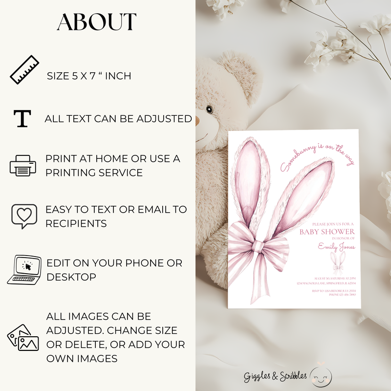 Baby Shower Invitation - Some Bunny is On The Way Pink Easter Bow BS76