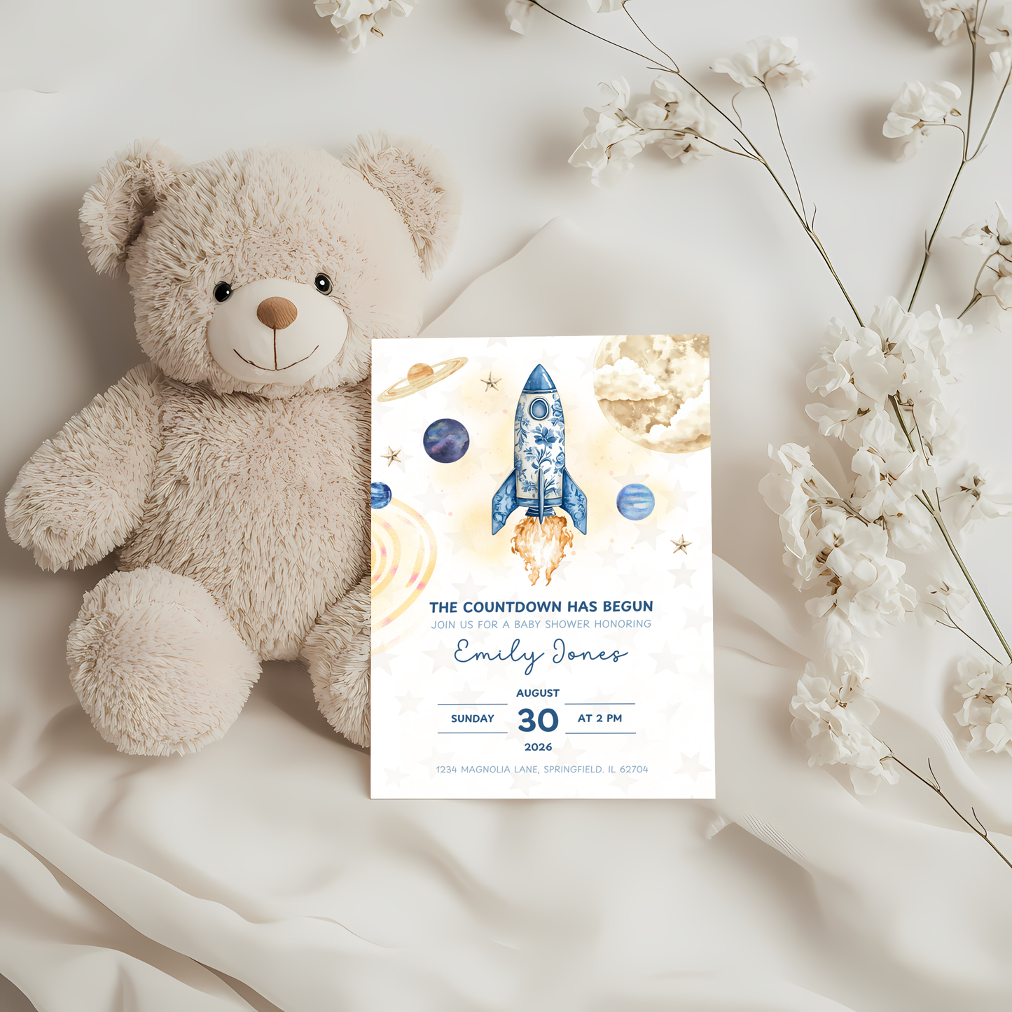Baby Shower Invitation - The Countdown Has Begun Space Astronaut Rocket BS57
