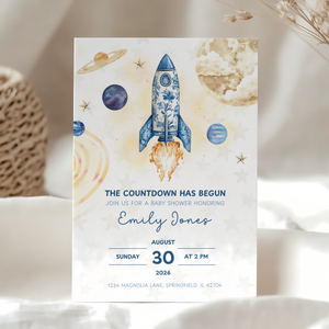 Baby Shower Invitation - The Countdown Has Begun Space Astronaut Rocket BS57
