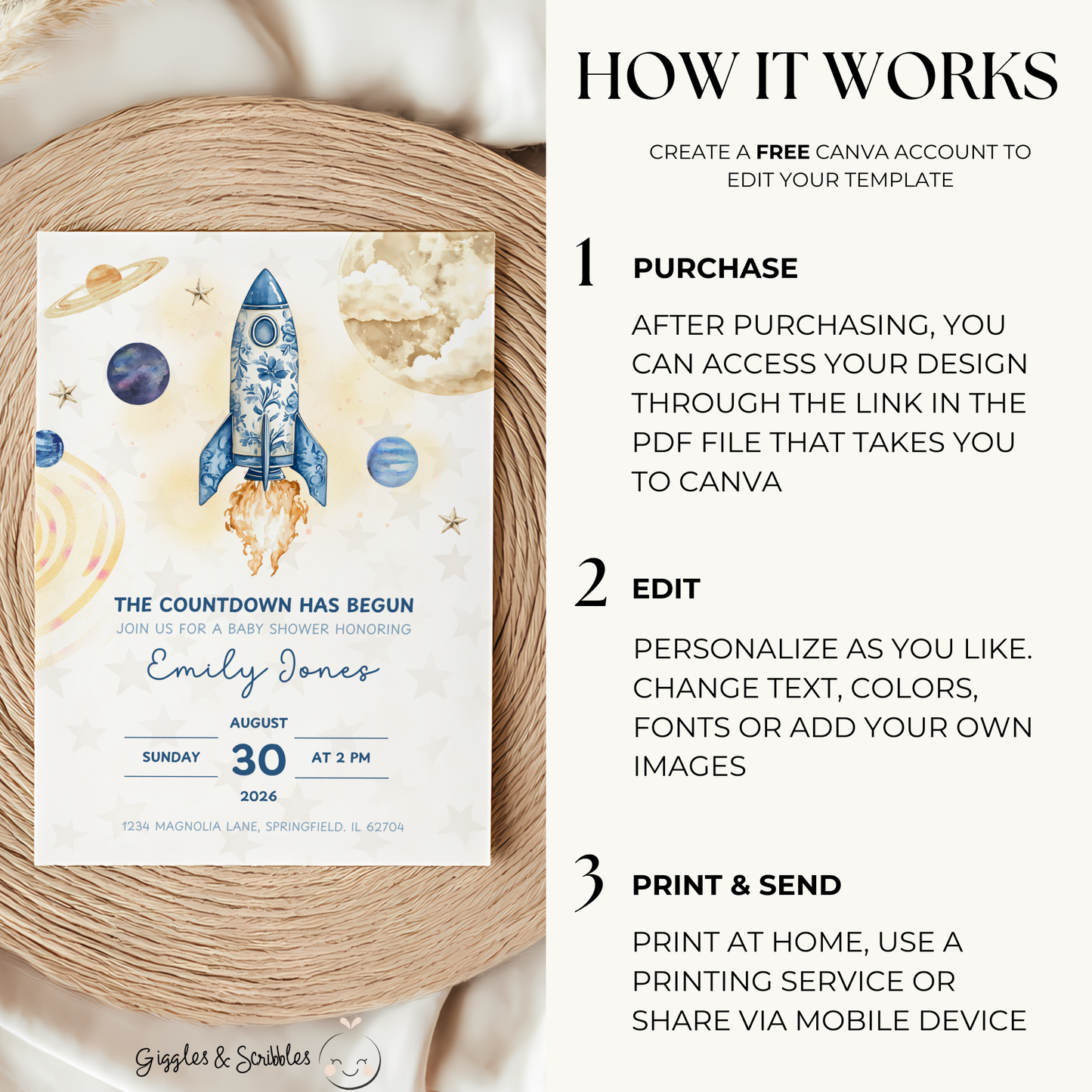 Baby Shower Invitation - The Countdown Has Begun Space Astronaut Rocket BS57