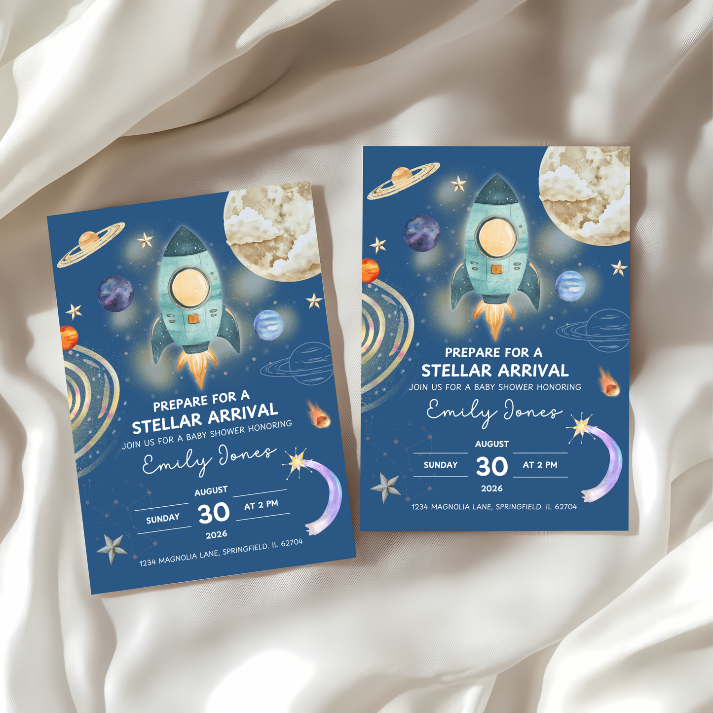 Baby Shower Invitation - Stellar Arrival Dark Blue Space Astronaut Rocket BS58