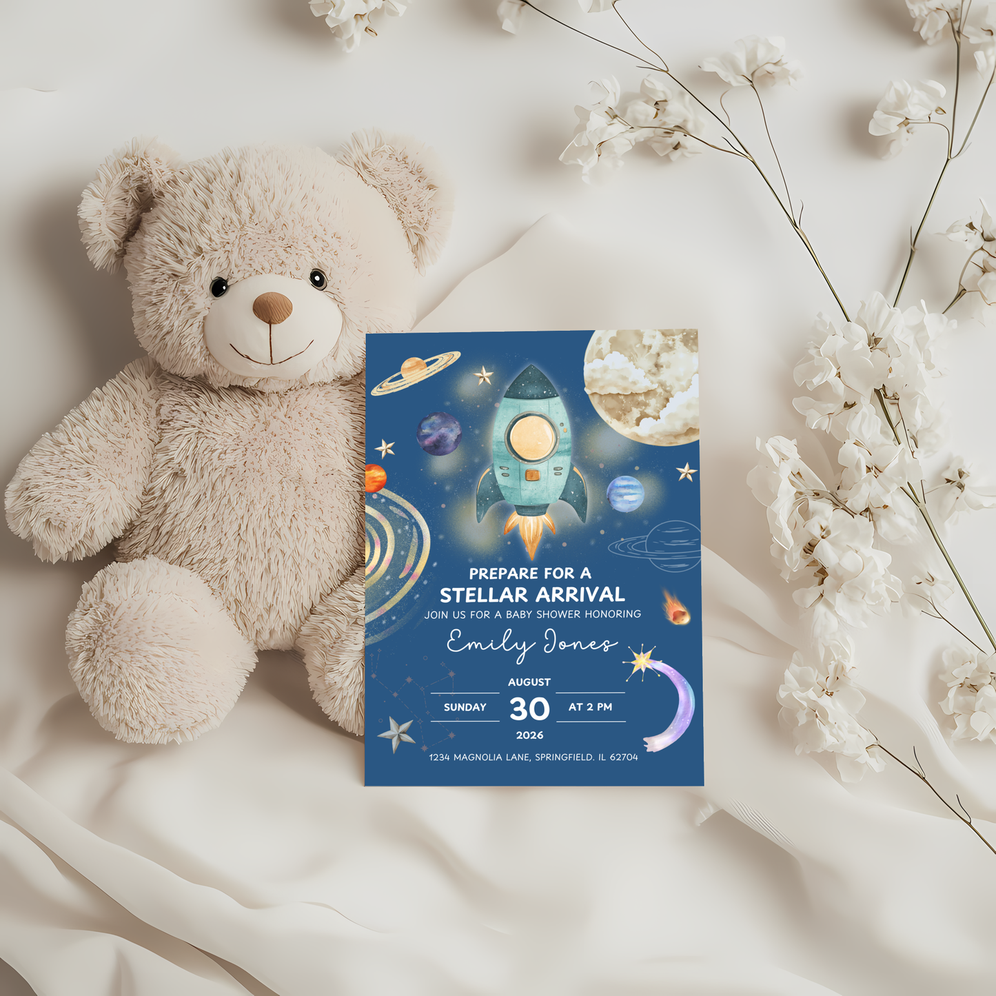 Baby Shower Invitation - Stellar Arrival Dark Blue Space Astronaut Rocket BS58