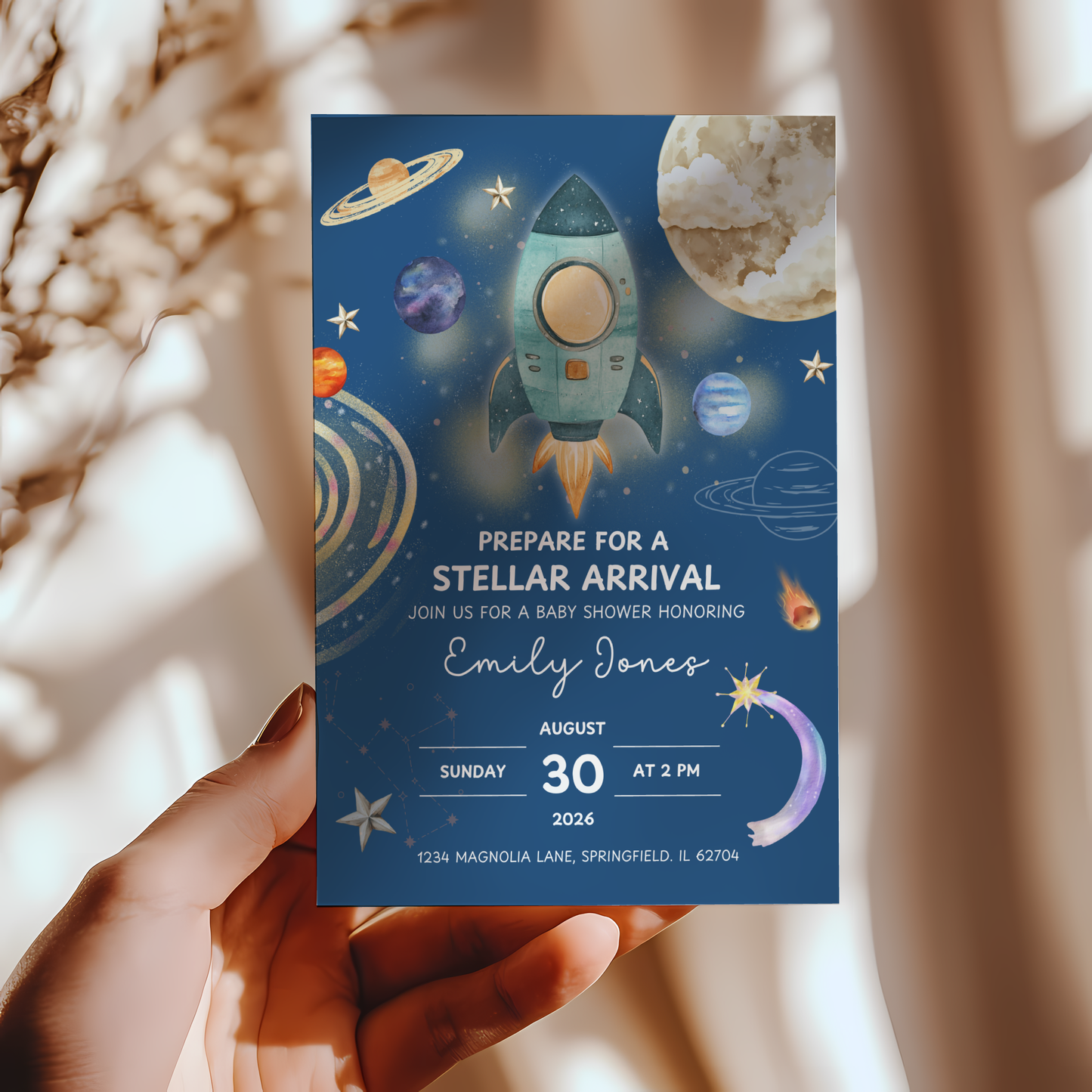 Baby Shower Invitation - Stellar Arrival Dark Blue Space Astronaut Rocket BS58