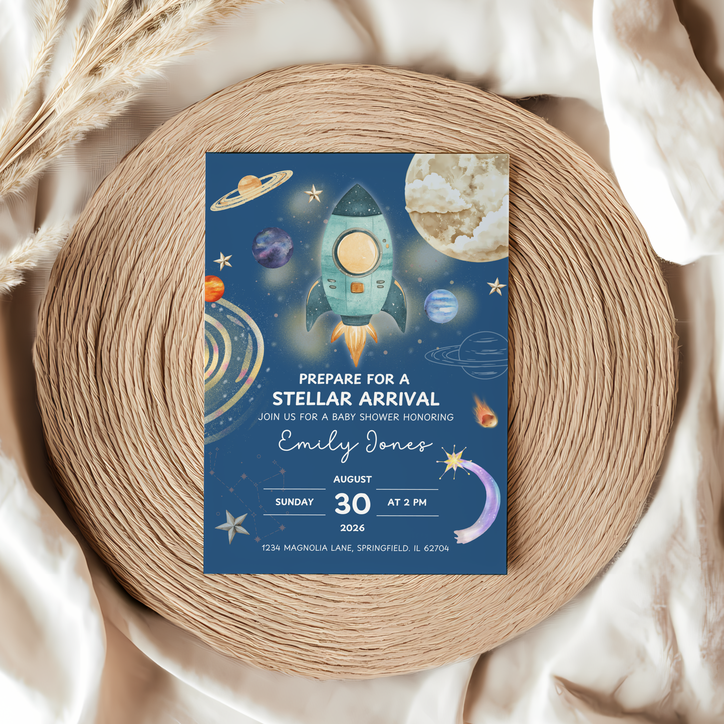 Baby Shower Invitation - Stellar Arrival Dark Blue Space Astronaut Rocket BS58