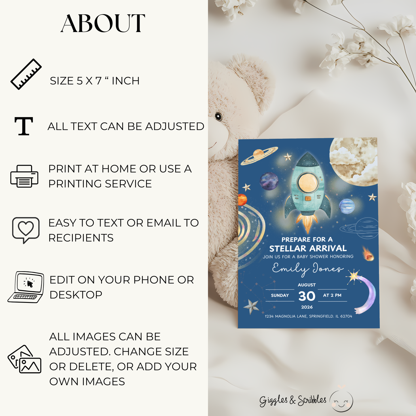 Baby Shower Invitation - Stellar Arrival Dark Blue Space Astronaut Rocket BS58
