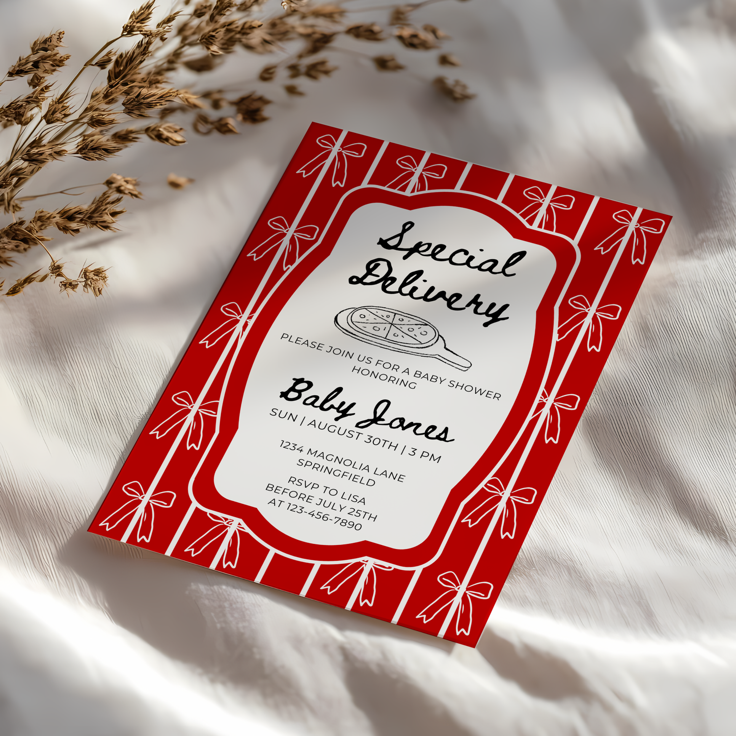 Baby Shower Invitation - Special Delivery Pizza with Bows BS137