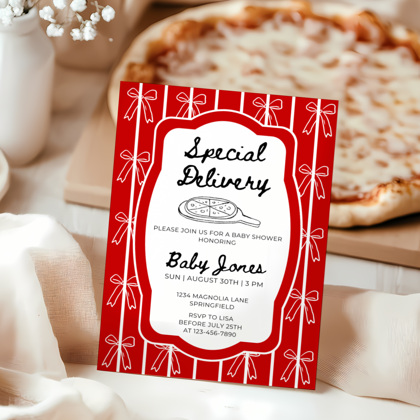 Baby Shower Invitation - Special Delivery Pizza with Bows BS137