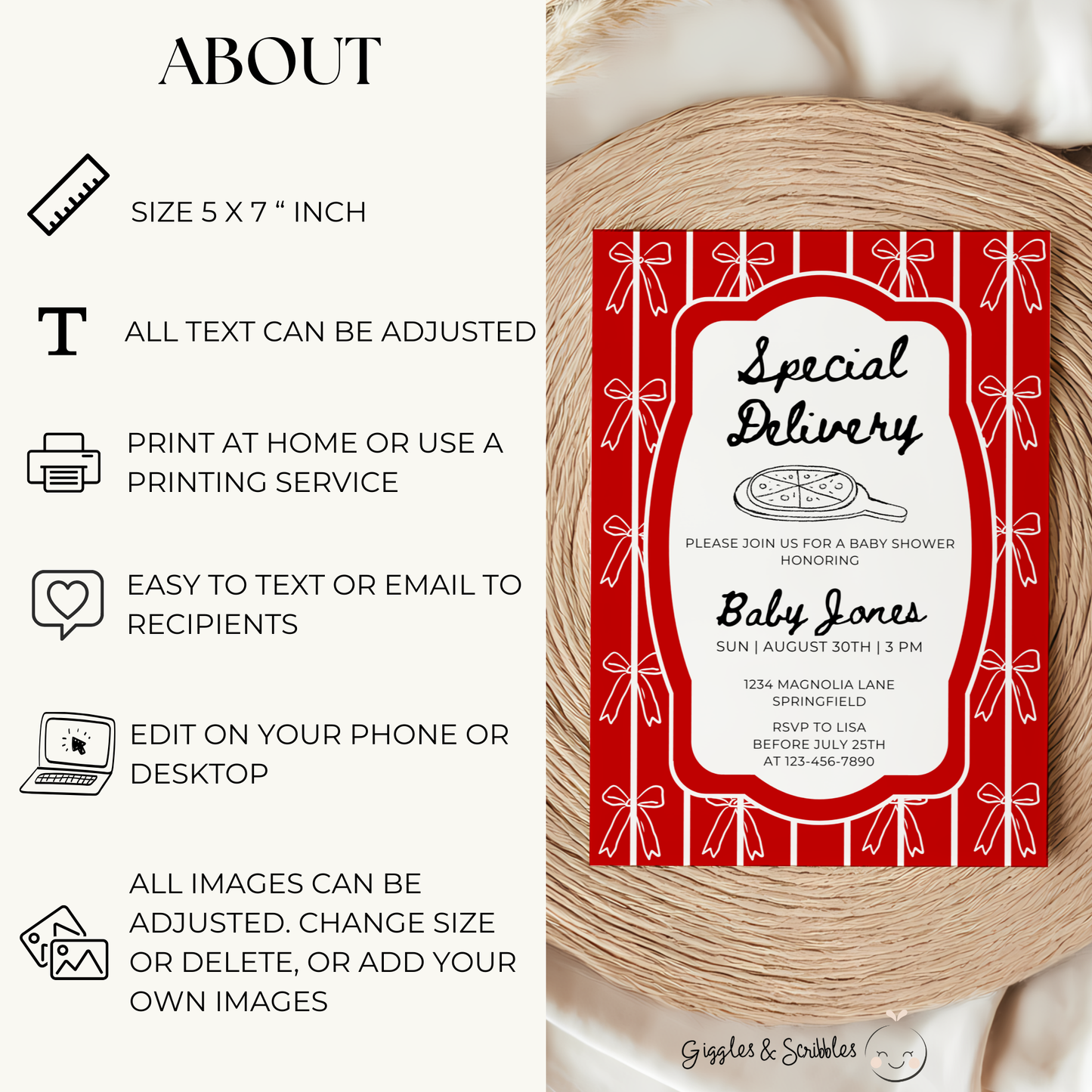 Baby Shower Invitation - Special Delivery Pizza with Bows BS137