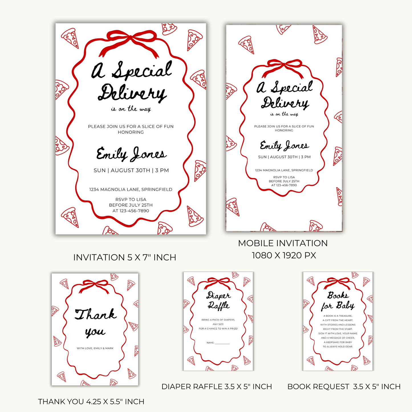 Baby Shower Invitation Bundle - Special Delivery Pizza Italian Food Theme BS137