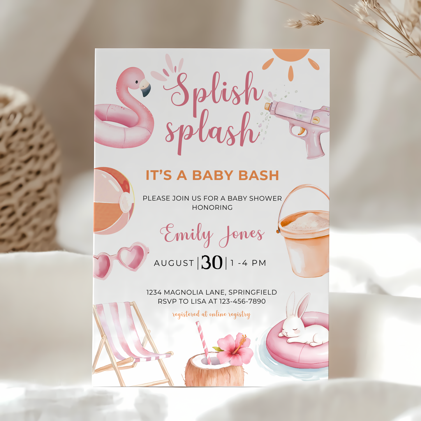 Baby Shower Invitation - Splish Splash Baby Bash Pink Pool Party Beach BS141