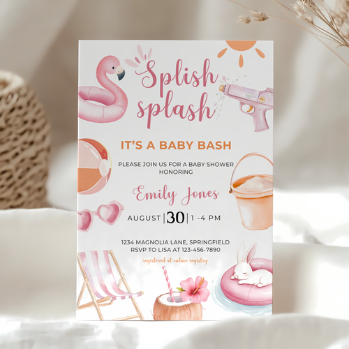 Baby Shower Invitation - Splish Splash Baby Bash Pink Pool Party Beach BS141