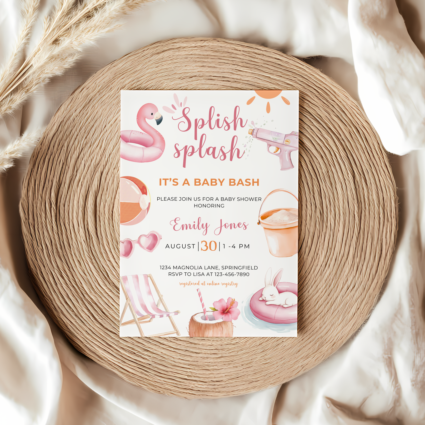 Baby Shower Invitation - Splish Splash Baby Bash Pink Pool Party Beach BS141