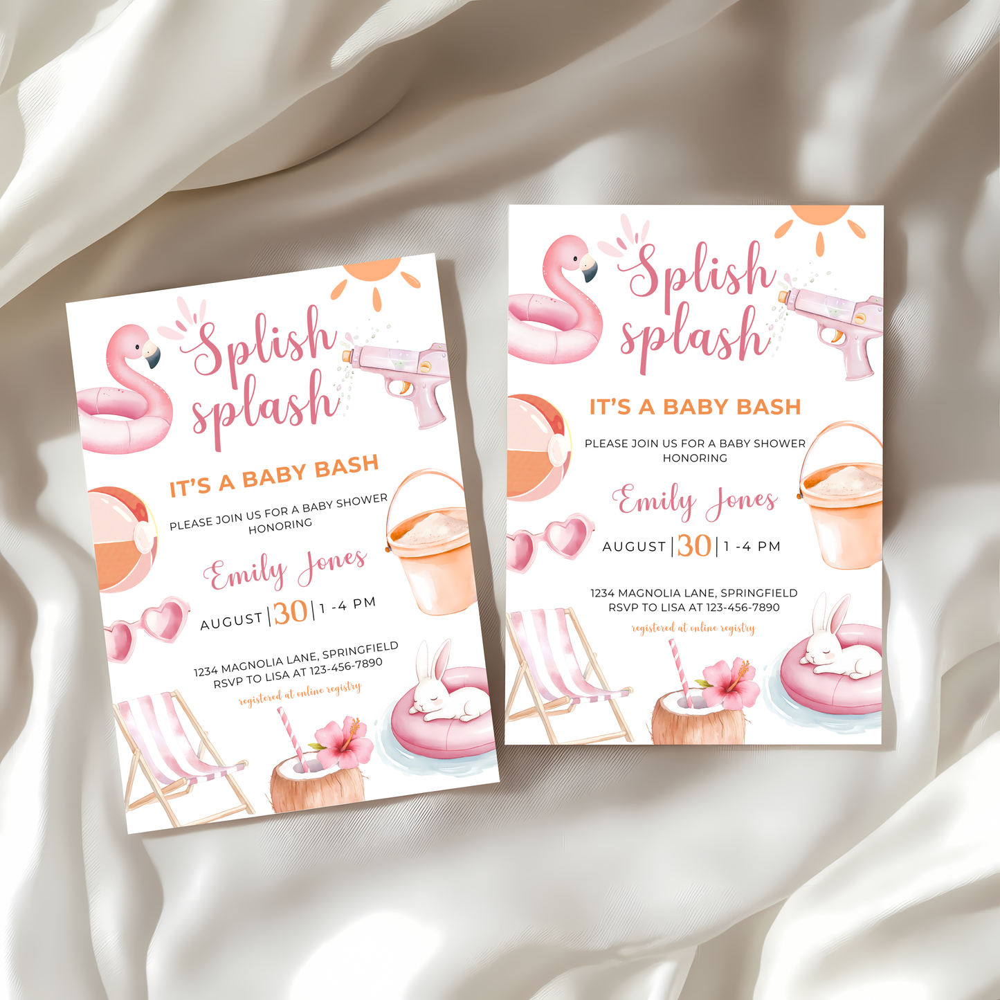 Baby Shower Invitation - Splish Splash Baby Bash Pink Pool Party Beach BS141