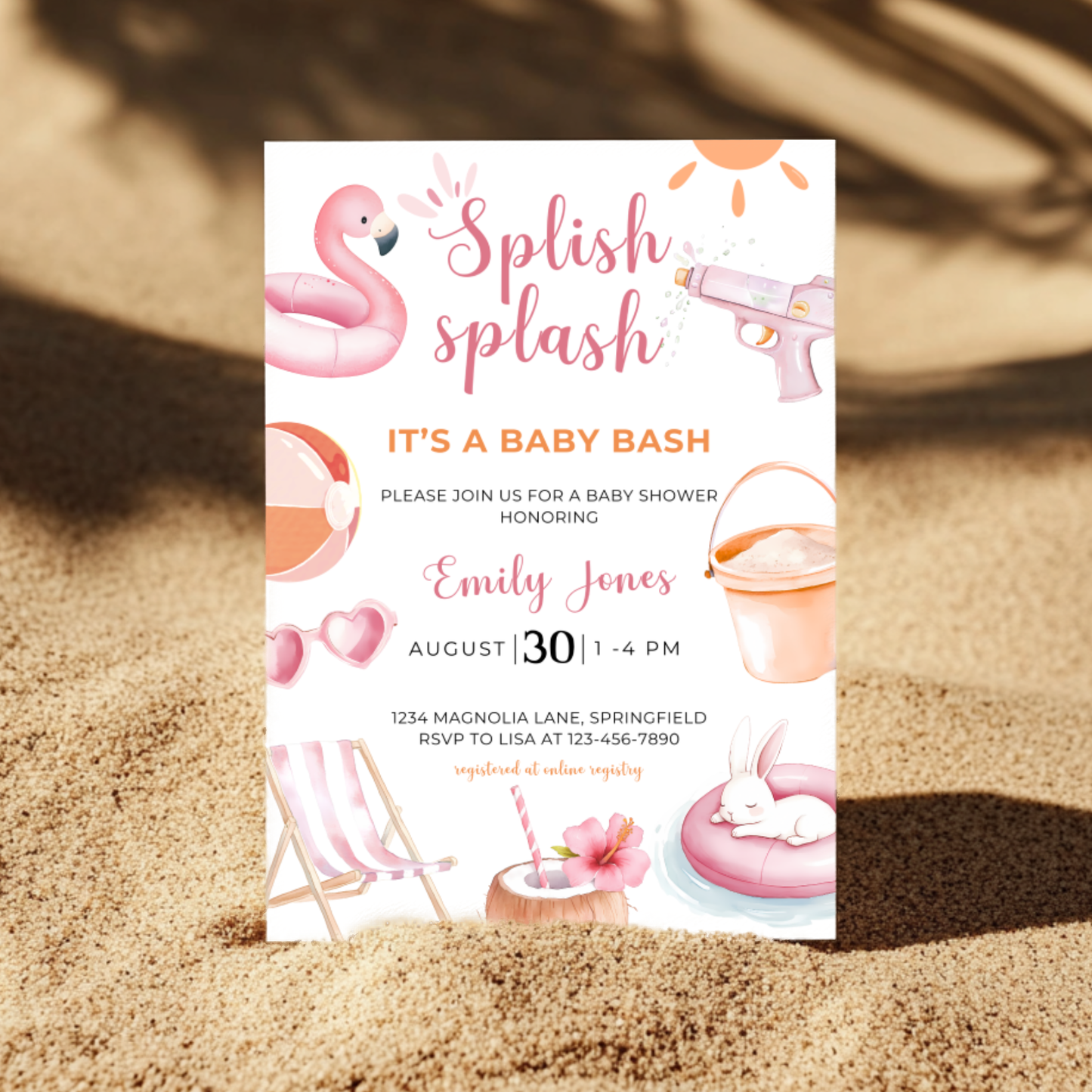 Baby Shower Invitation - Splish Splash Baby Bash Pink Pool Party Beach BS141