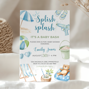Baby Shower Invitation - Splish Splash Baby Bash Blue & Green Pool Party Theme BS142