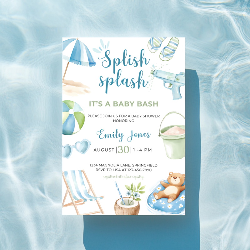 Baby Shower Invitation Bundle - Blue Splish Splash Baby Bash Pool Party Beach BS142