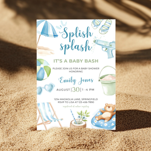 Baby Shower Invitation - Splish Splash Baby Bash Blue & Green Pool Party Theme BS142