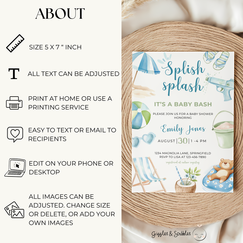 Baby Shower Invitation - Splish Splash Baby Bash Blue & Green Pool Party Theme BS142