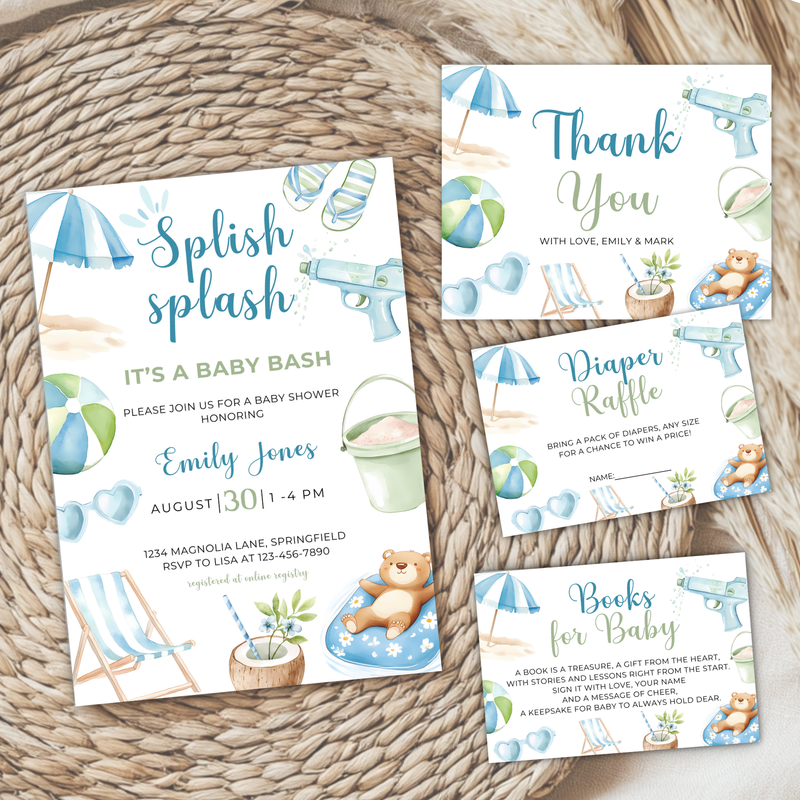 Baby Shower Invitation Bundle - Blue Splish Splash Baby Bash Pool Party Beach BS142