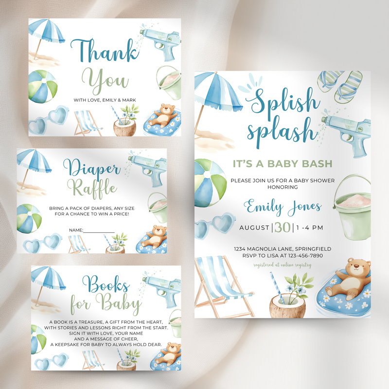 Baby Shower Invitation Bundle - Blue Splish Splash Baby Bash Pool Party Beach BS142