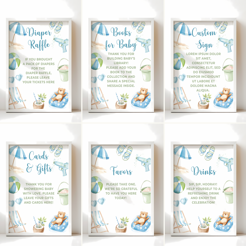 Baby Shower Table Sign Bundle - Splish Splash Summer Pool Party Blue Beach BS142