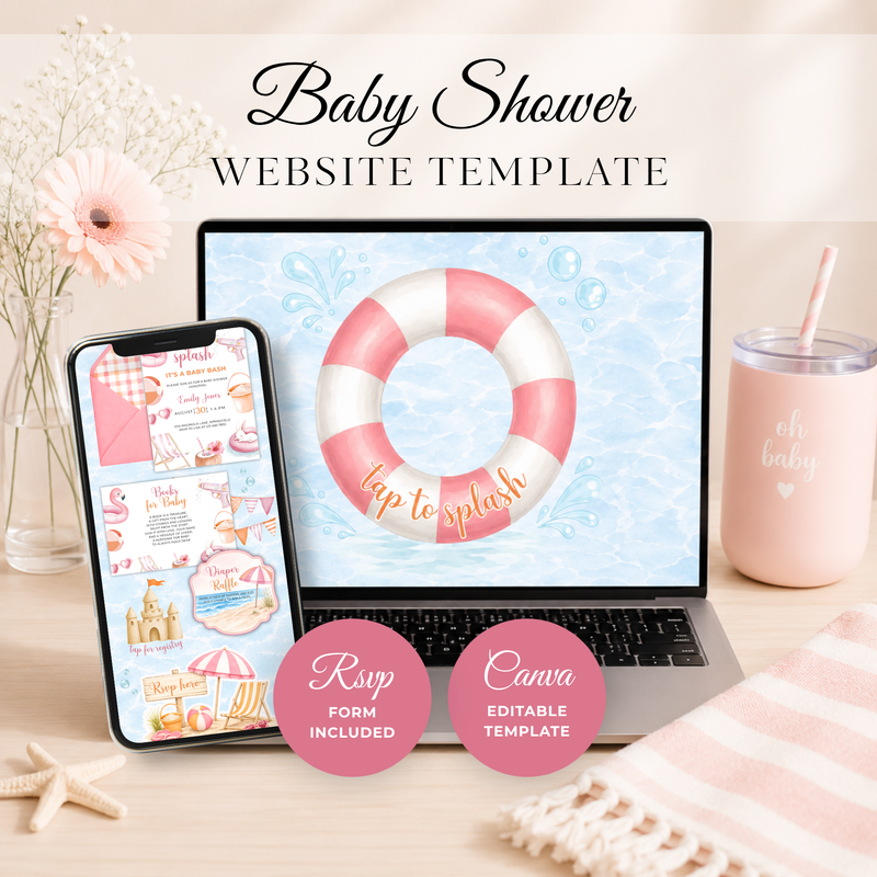 Pink Splish Splash Baby Shower Website Invitation with RSVP BS141
