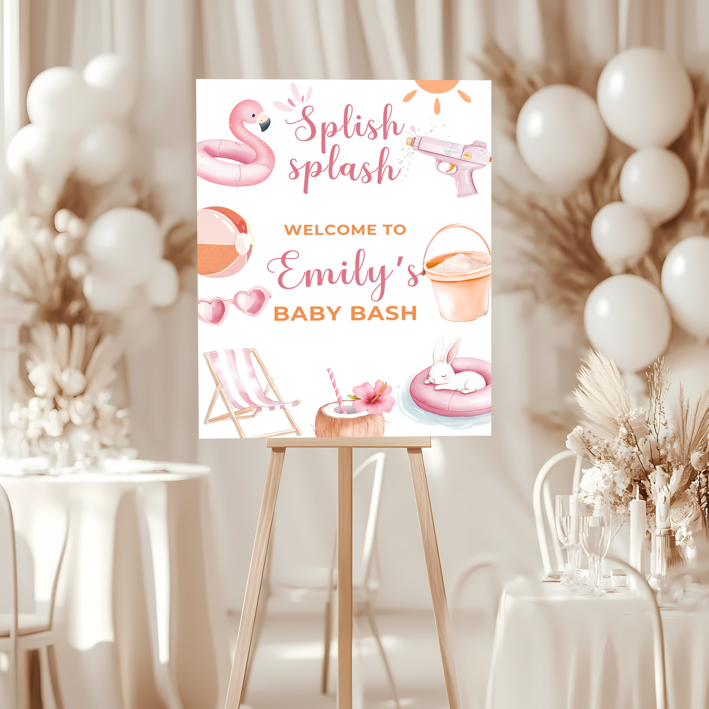 Baby Shower Welcome Sign - Pink Summer Pool Party Beach Baby Bash BS141