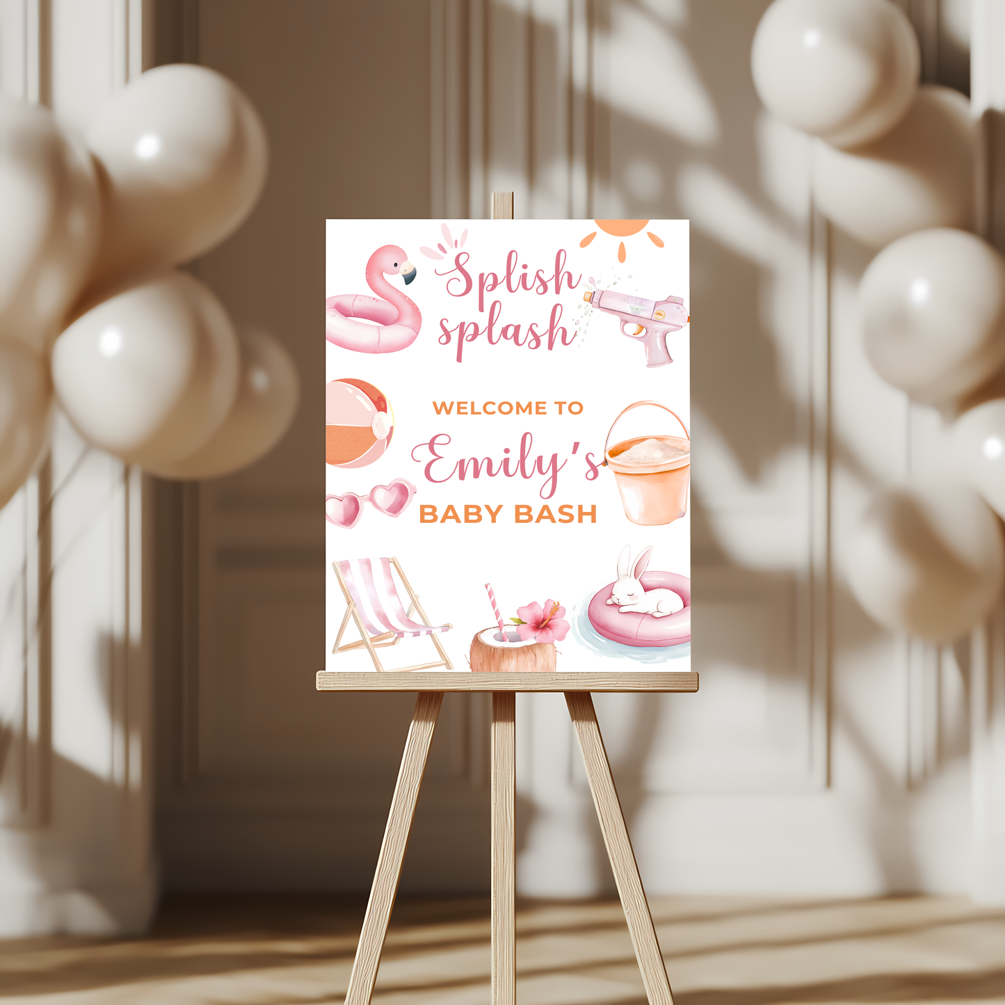 Baby Shower Welcome Sign - Pink Summer Pool Party Beach Baby Bash BS141