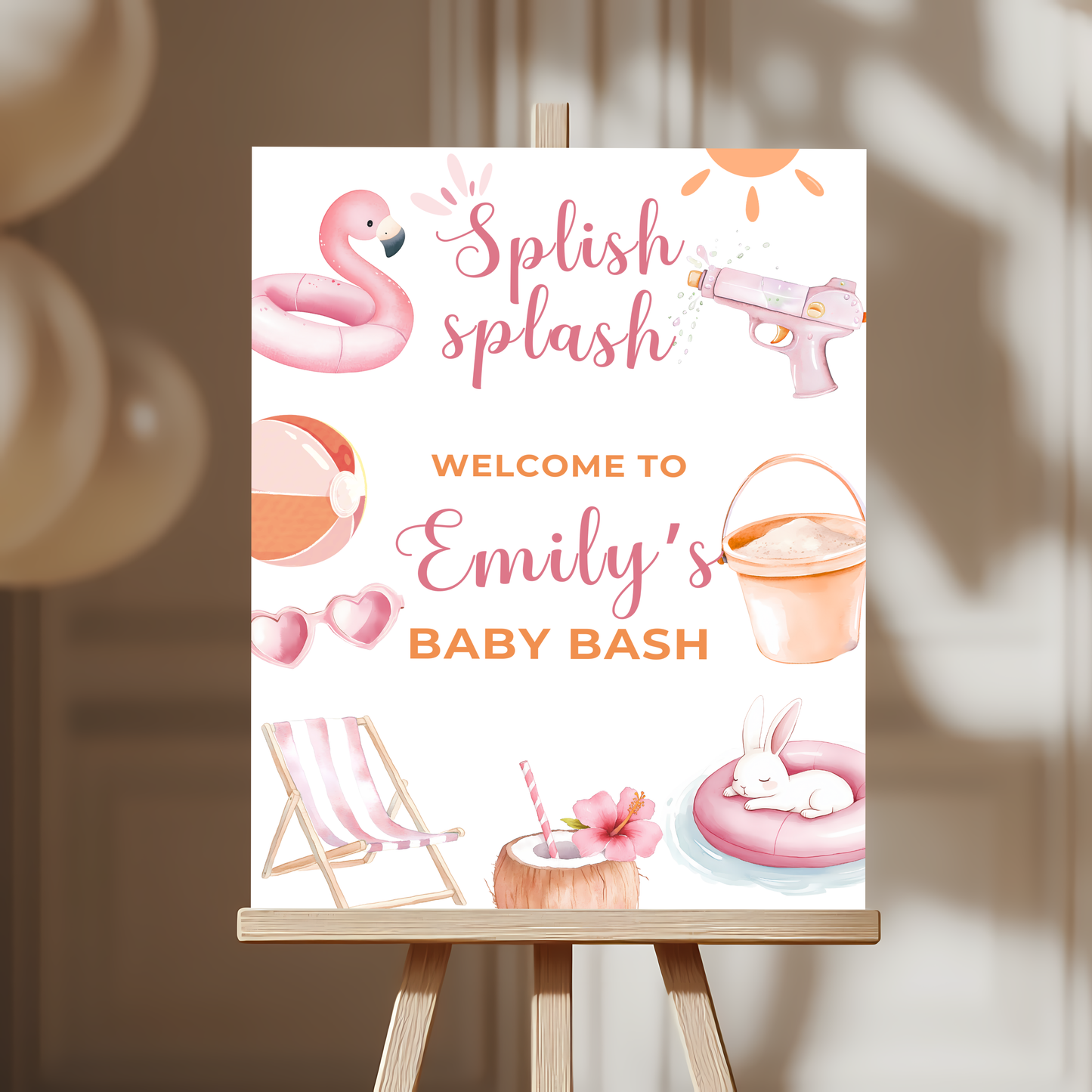 Baby Shower Welcome Sign - Pink Summer Pool Party Beach Baby Bash BS141