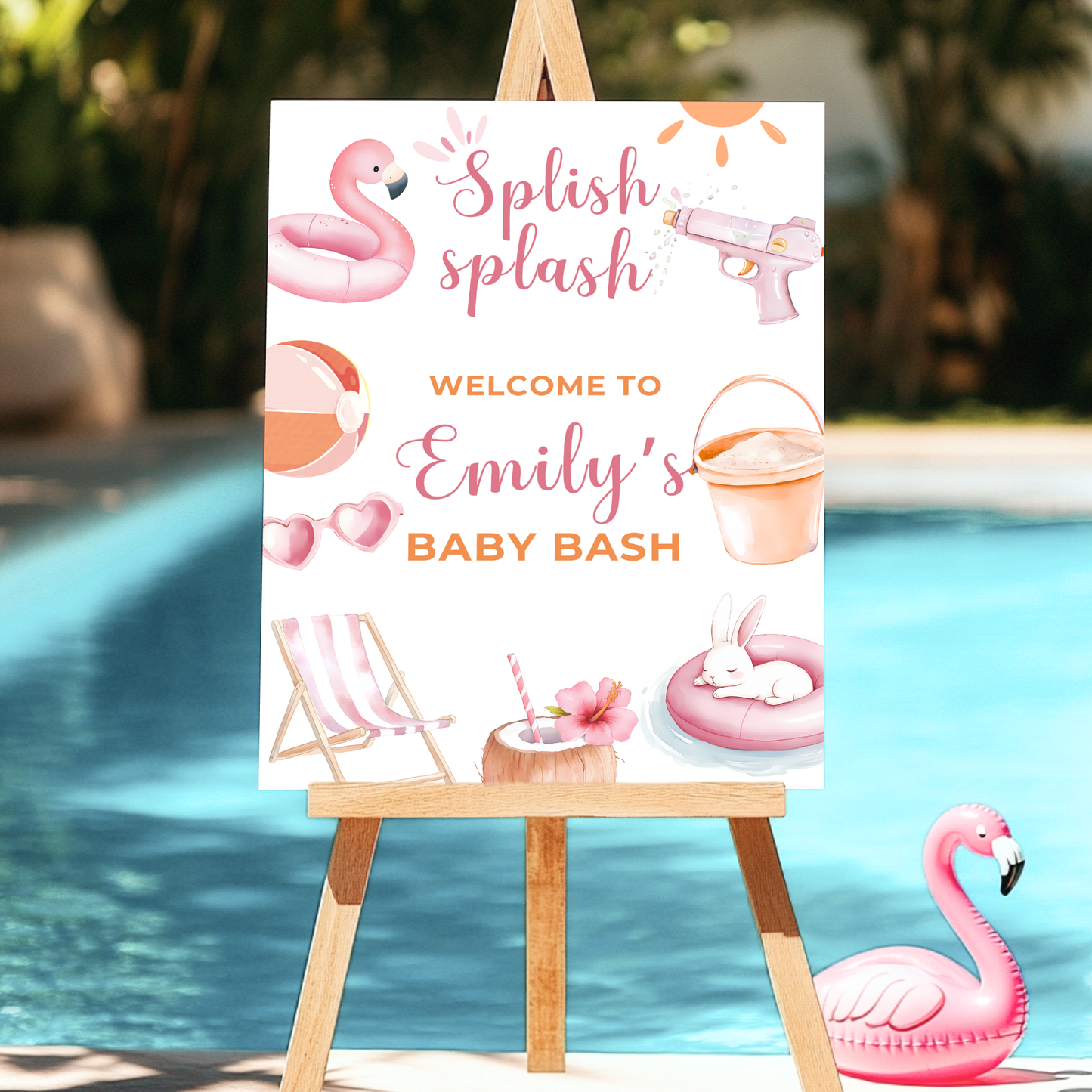 Baby Shower Welcome Sign - Pink Summer Pool Party Beach Baby Bash BS141