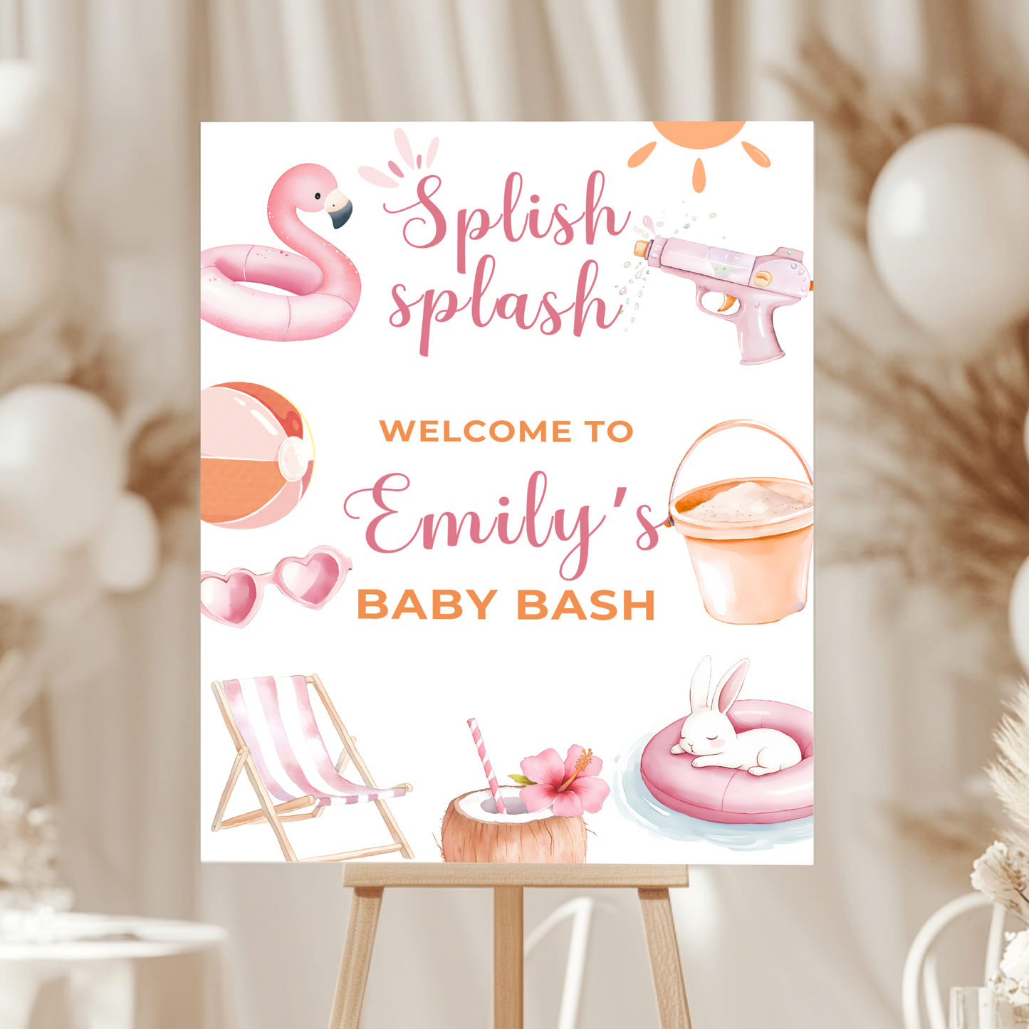 Baby Shower Welcome Sign - Pink Summer Pool Party Beach Baby Bash BS141