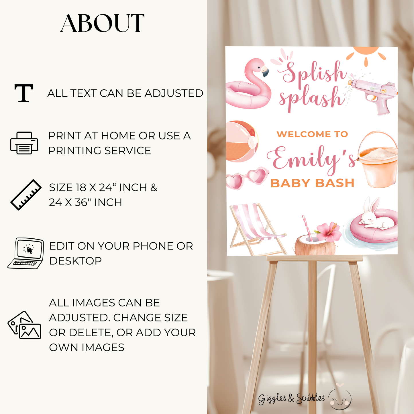 Baby Shower Welcome Sign - Pink Summer Pool Party Beach Baby Bash BS141