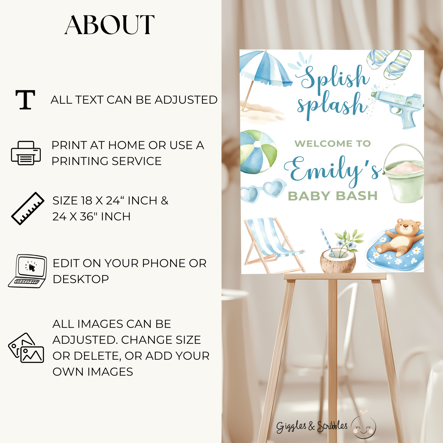 Baby Shower Welcome Sign - Pool Party Splish Splash Baby Bash Blue & Green BS142
