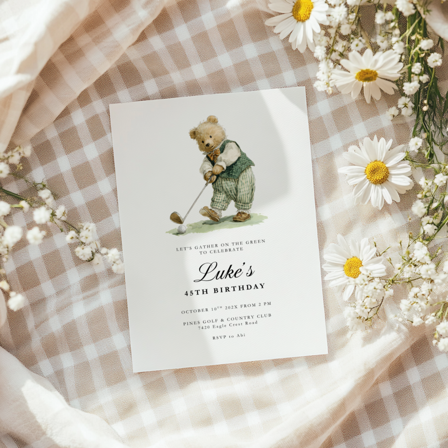 Golf Sports Bear Birthday Invitation Template L17