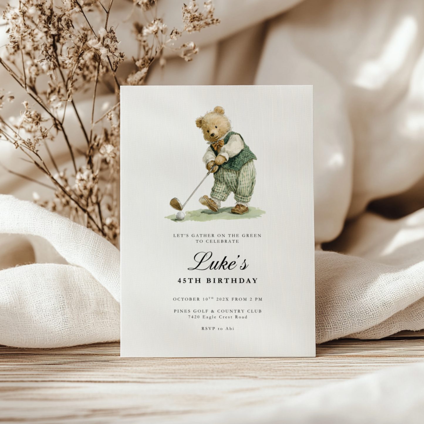 Golf Sports Bear Birthday Invitation Template L17