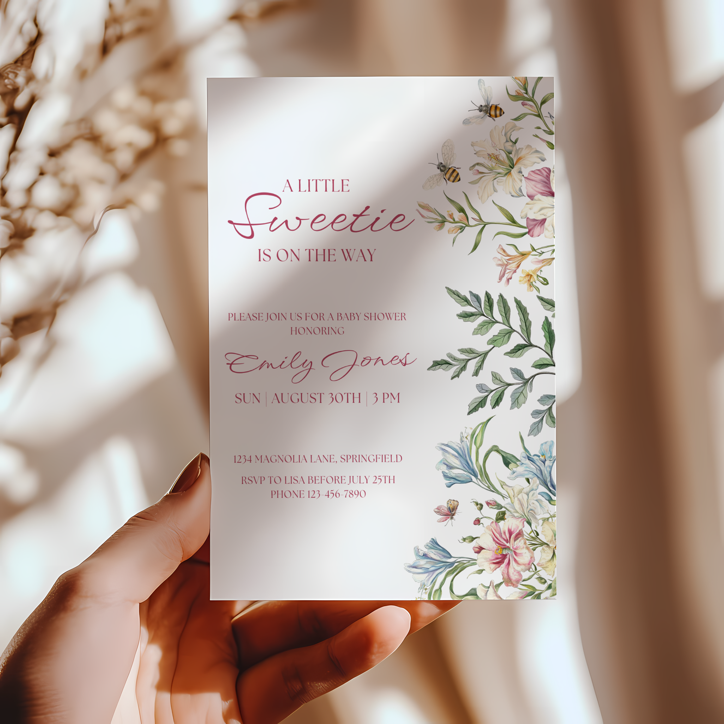 Baby Shower Invitation - A Little Sweetie Floral Spring Garden Party with Bees BS135
