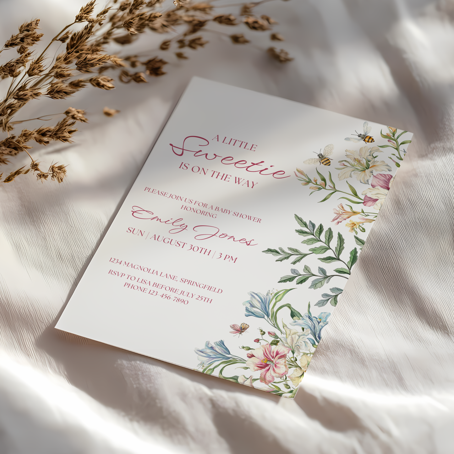 Baby Shower Invitation - A Little Sweetie Floral Spring Garden Party with Bees BS135
